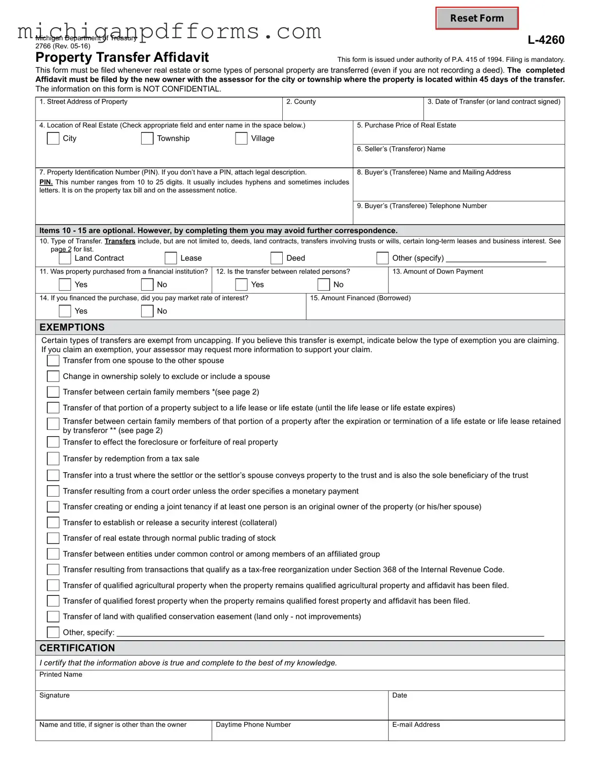 Free Michigan Property Transfer Affidavit 2766 Template in PDF