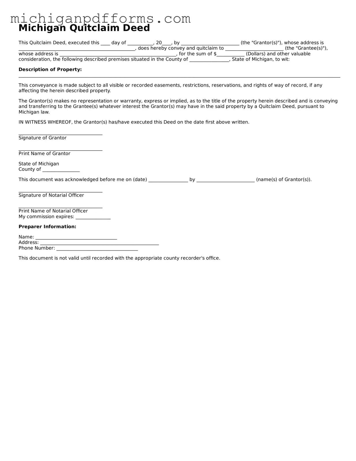 Blank Quitclaim Deed Form for Michigan State