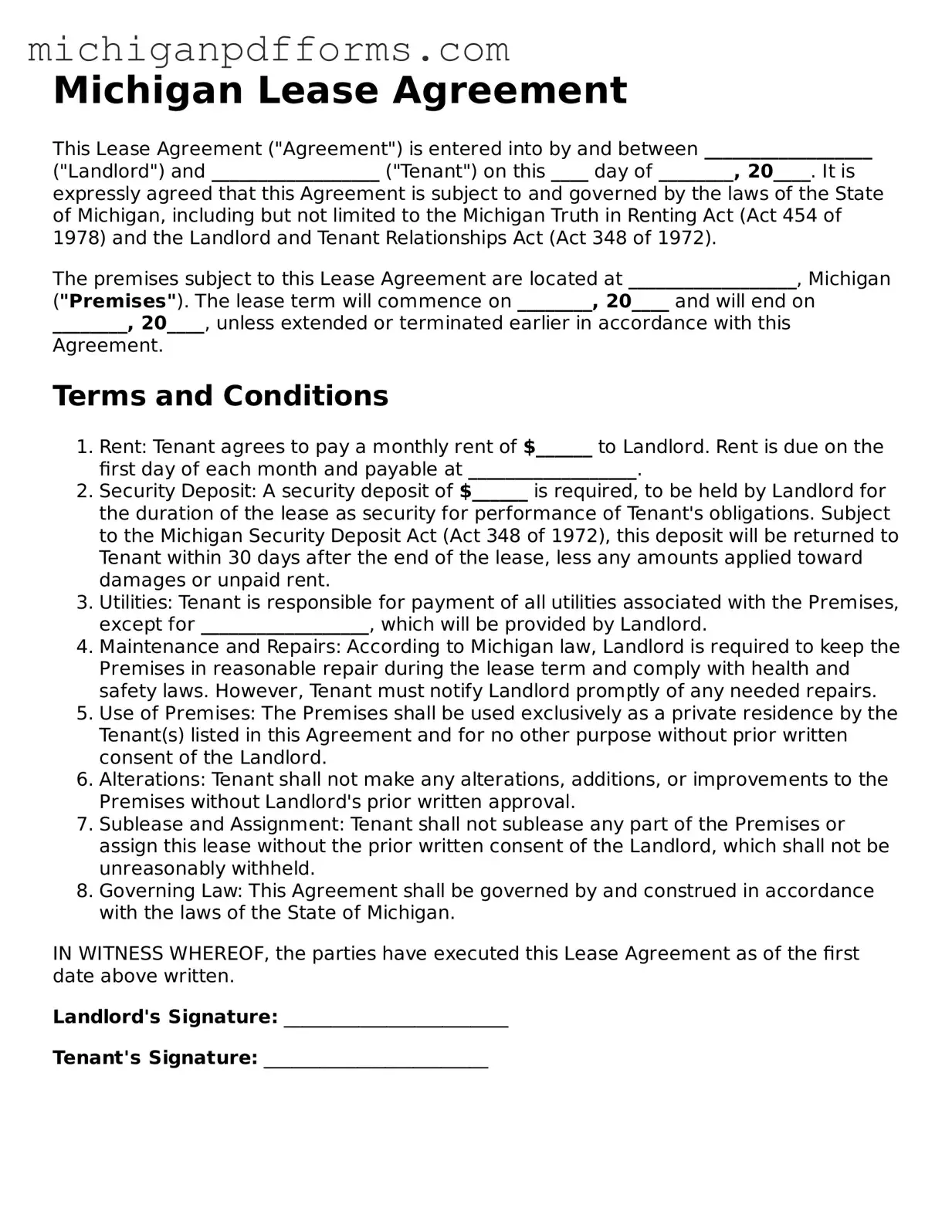 Blank Lease Agreement Form for Michigan State