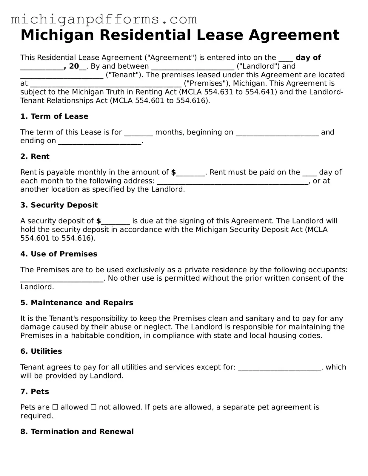 Blank Residential Lease Agreement Form for Michigan State