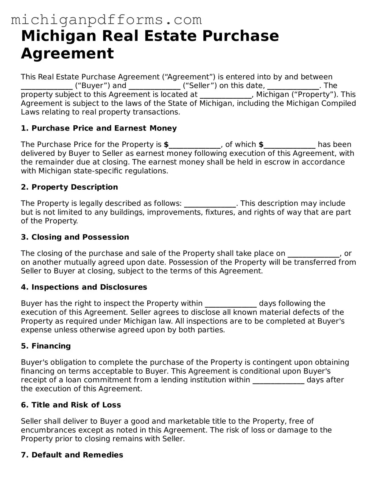 Blank Real Estate Purchase Agreement Form for Michigan State