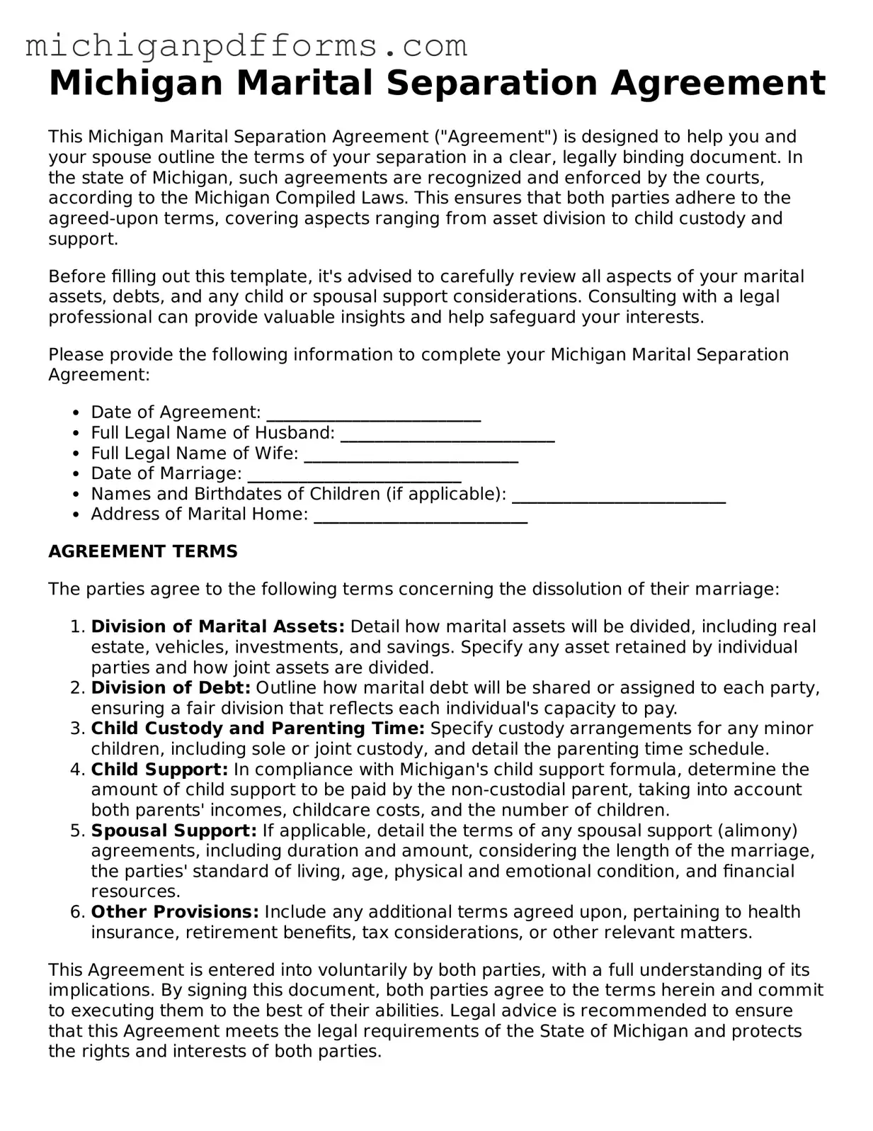 Blank Marital Separation Agreement Form for Michigan State