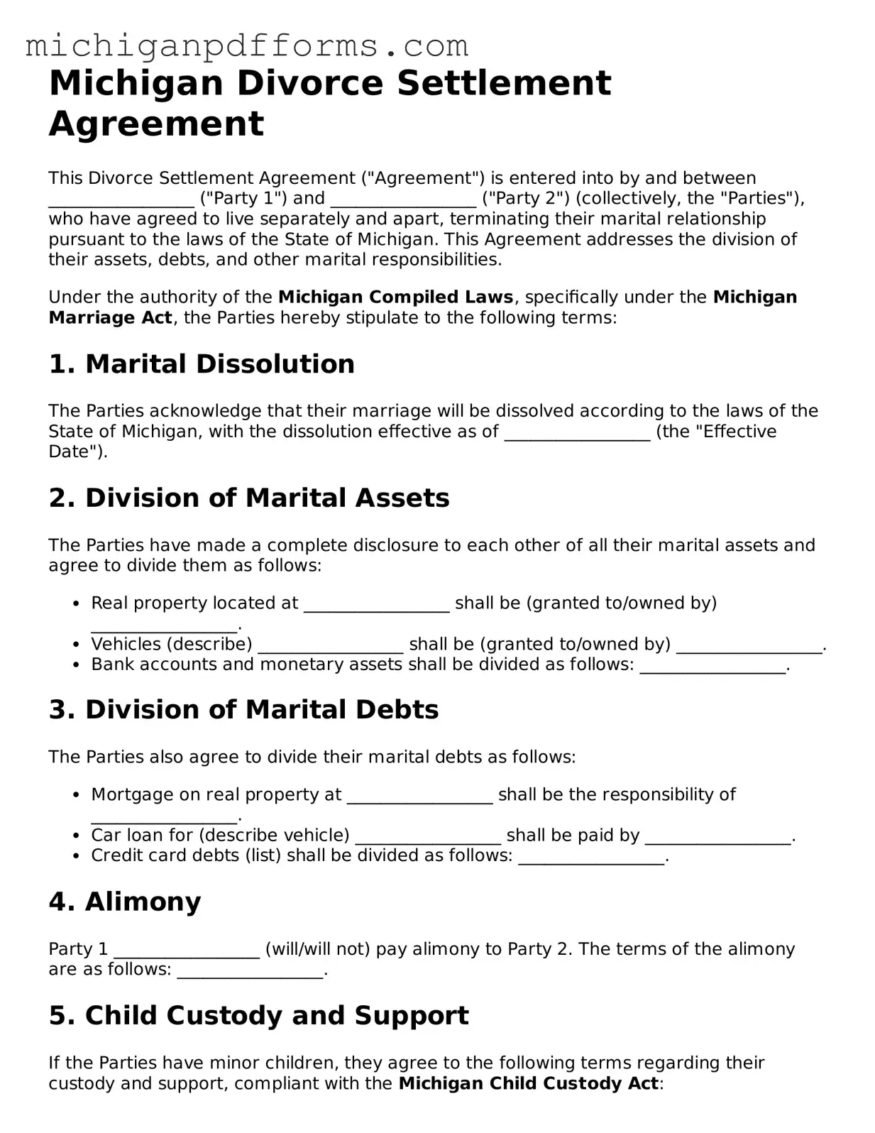 Blank Divorce Settlement Agreement Form for Michigan State