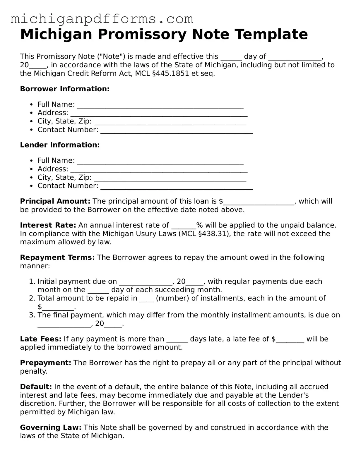 Blank Promissory Note Form for Michigan State