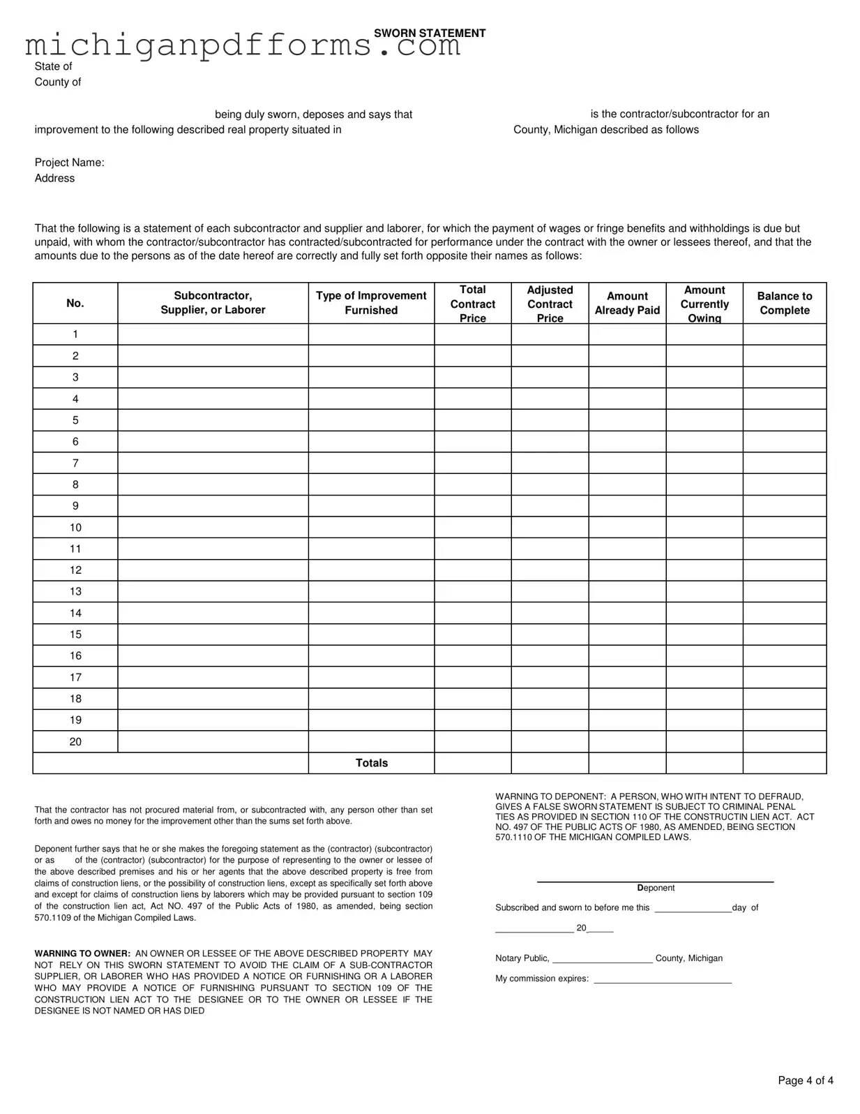 Free Michigan Sworn Template in PDF