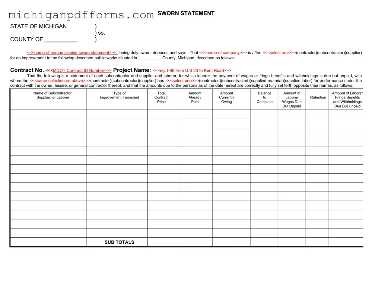 Free Michigan Sworn Statement Template in PDF