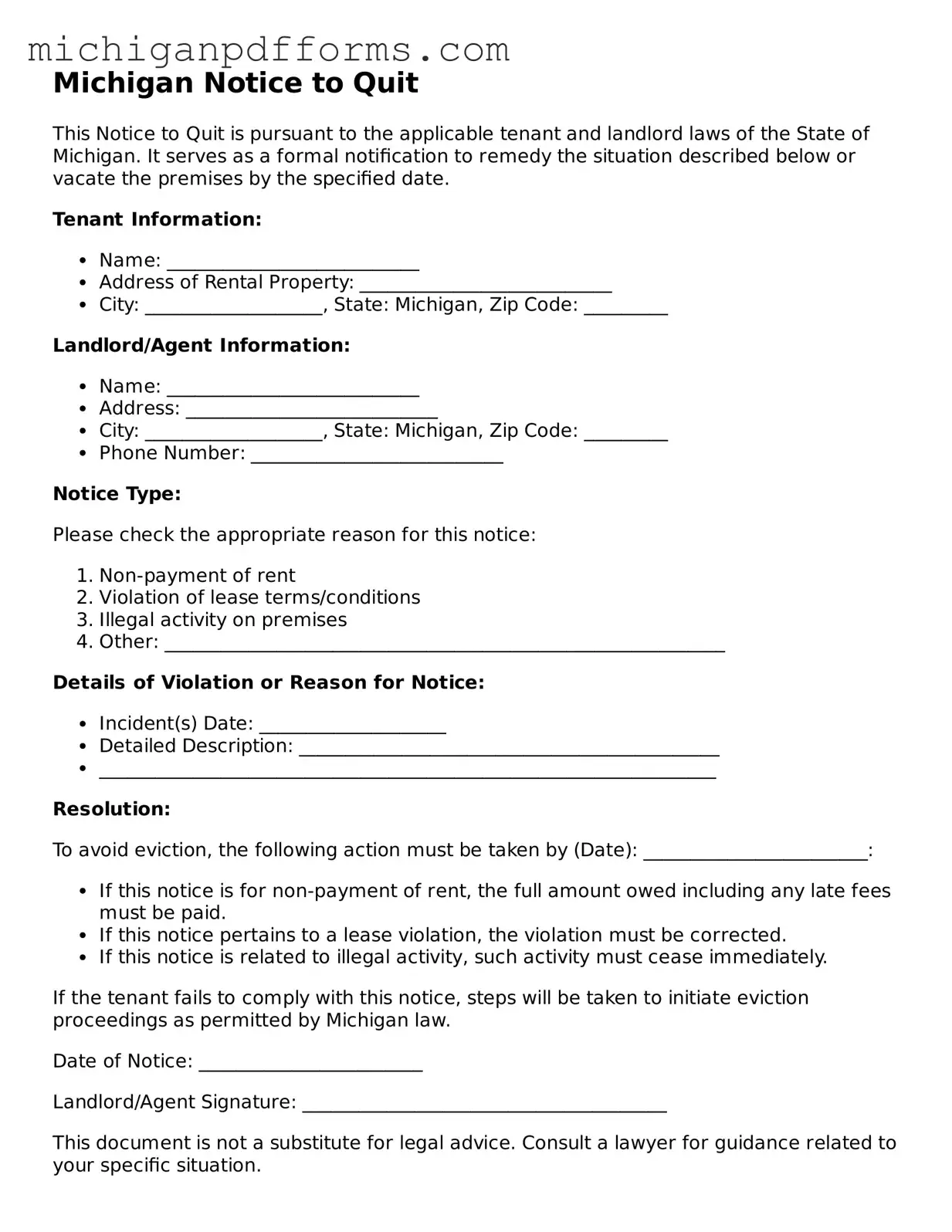 Blank Notice to Quit Form for Michigan State