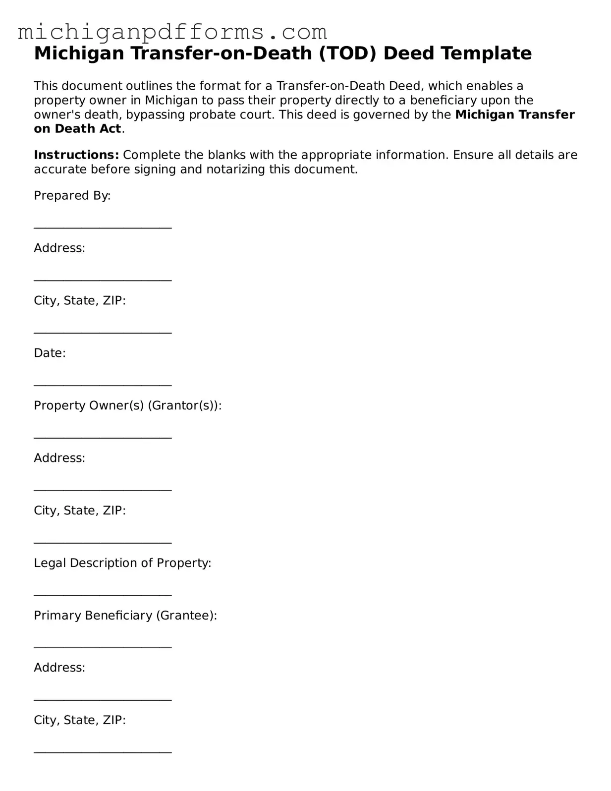 Blank Transfer-on-Death Deed Form for Michigan State