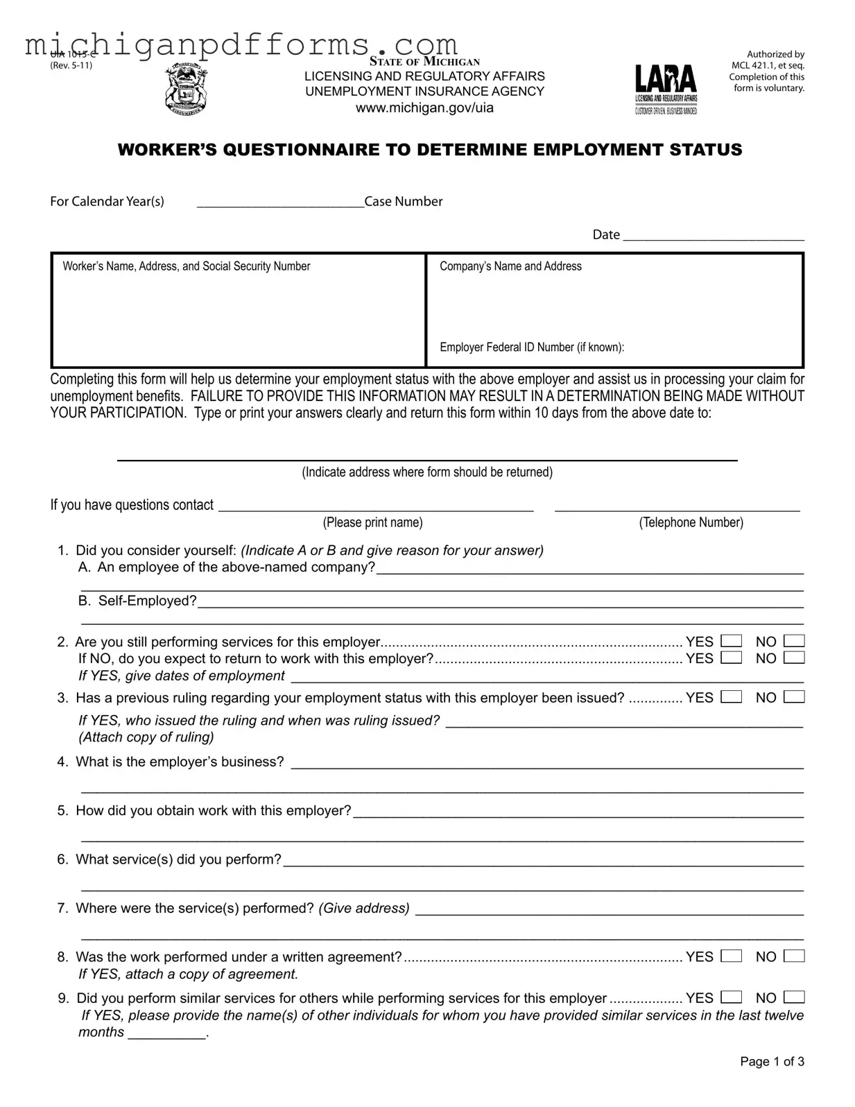 Free Michigan Uia 1015 C Template in PDF