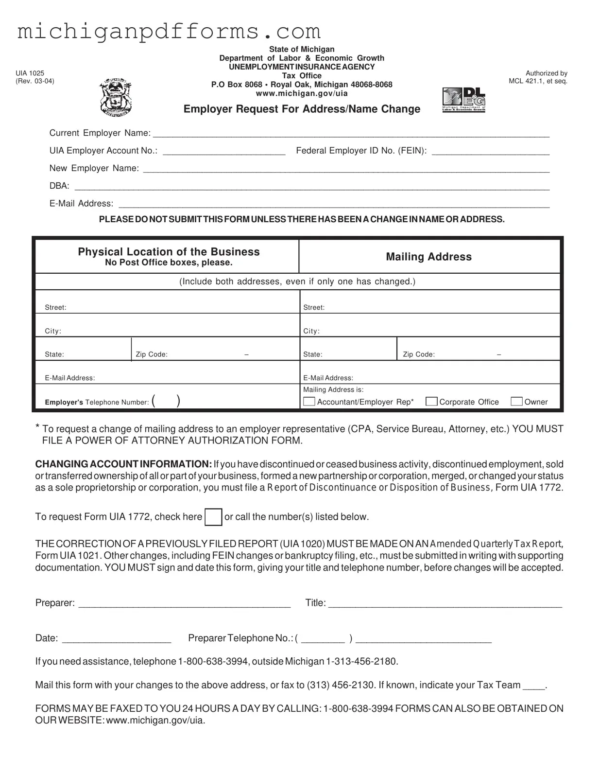 Free Michigan Uia 1025 Template in PDF