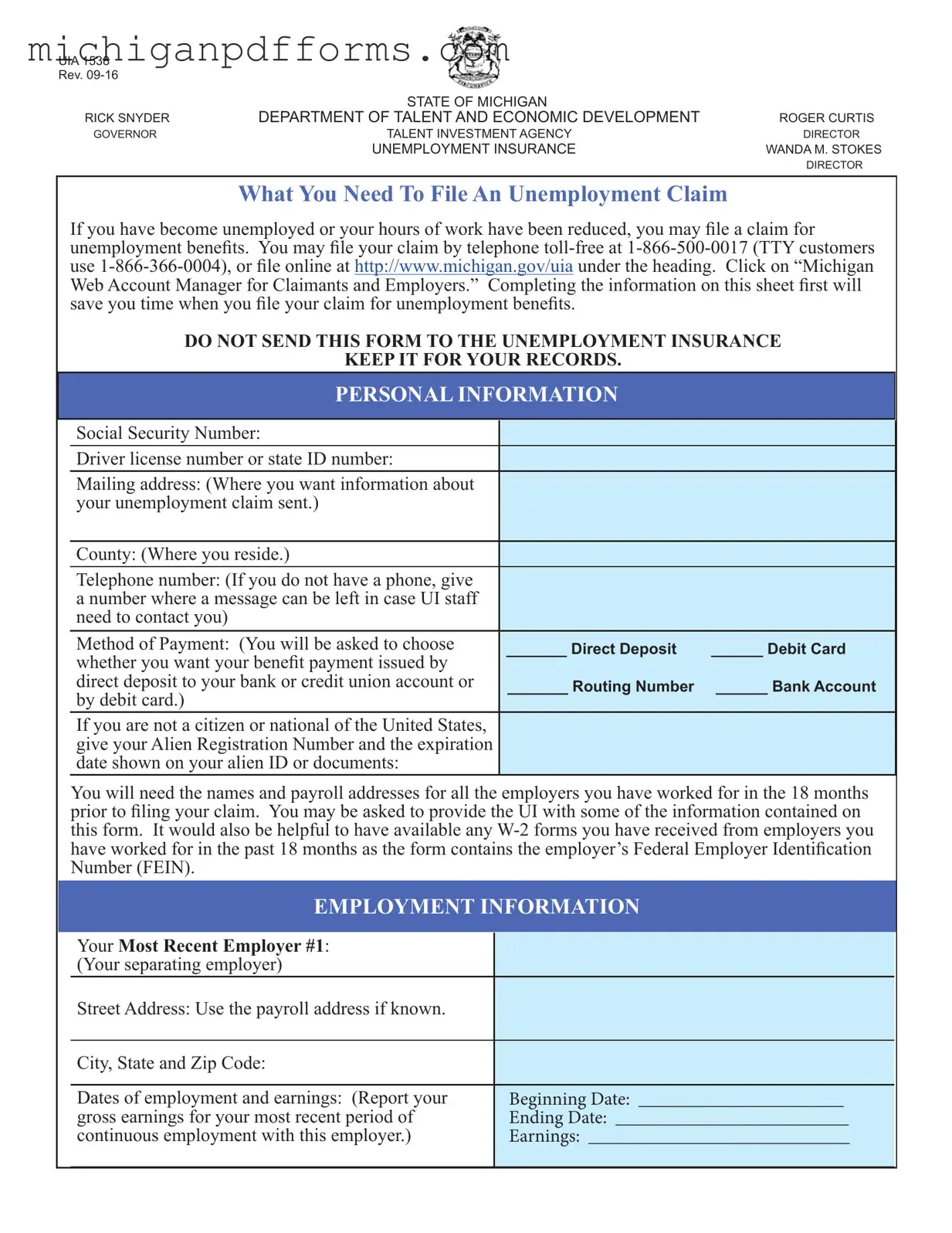 Free Michigan Uia 1538 Template in PDF