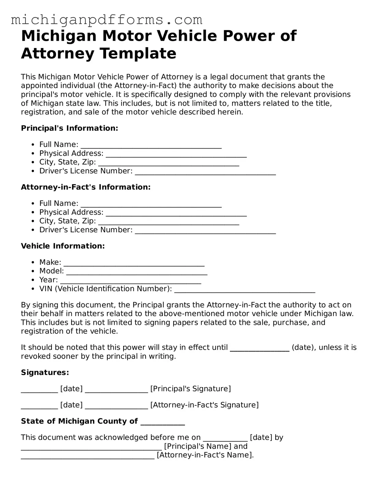 Blank Motor Vehicle Power of Attorney Form for Michigan State