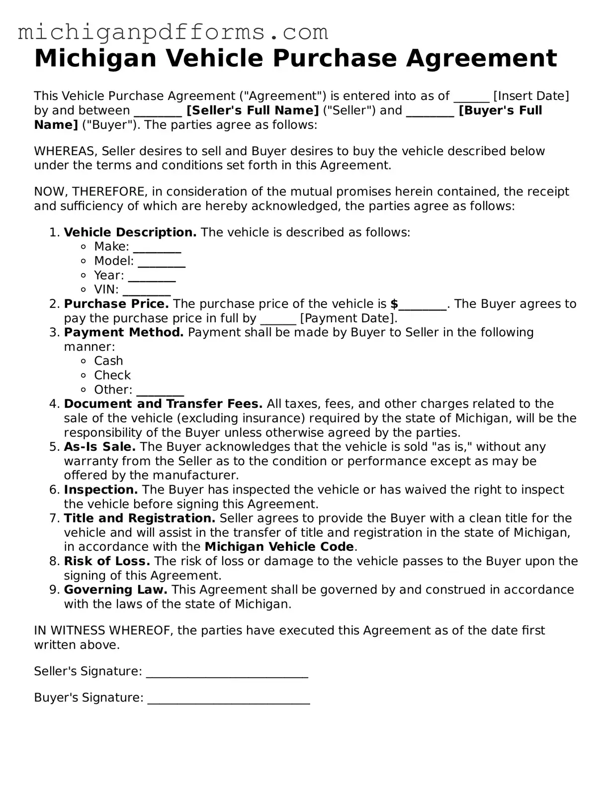 Blank Vehicle Purchase Agreement Form for Michigan State
