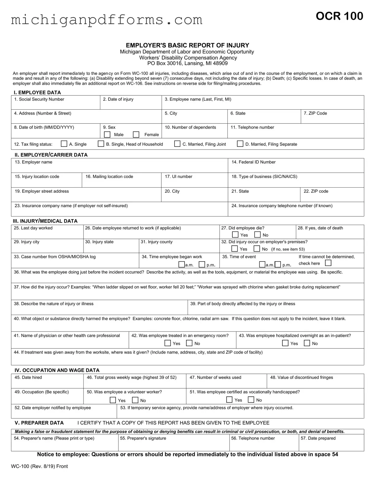 Free Michigan Wc 100 Template in PDF