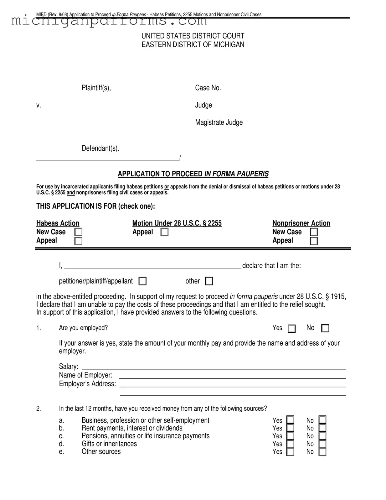Free Motion Onforma Paupris Michigan Template in PDF