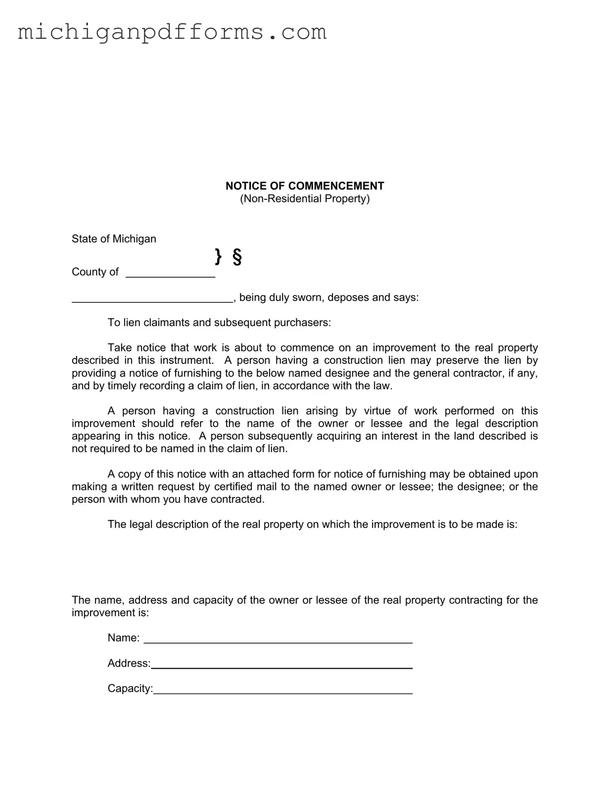 Free Notice Commencement Michigan Template in PDF