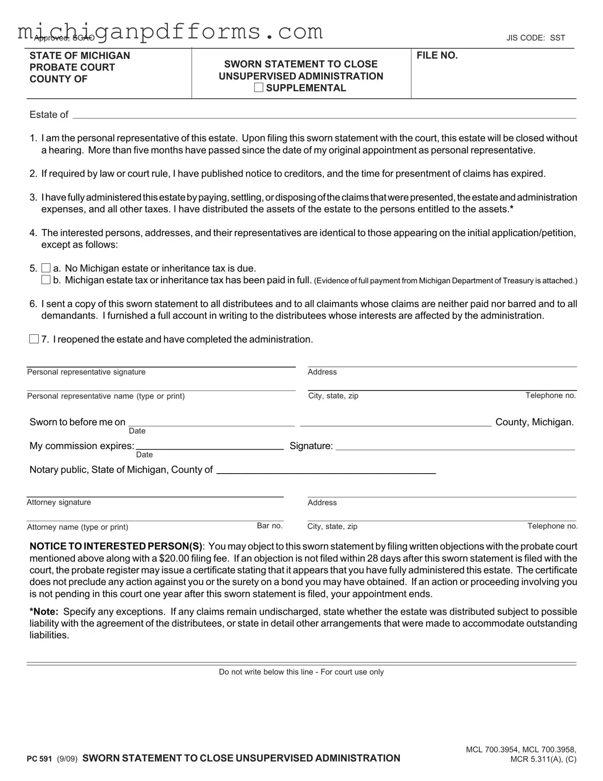 Free Pc 591 Michigan Template in PDF