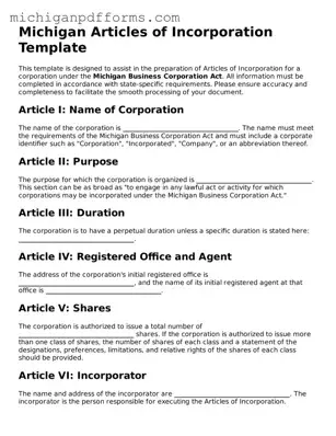 Blank Articles of Incorporation Form for Michigan State