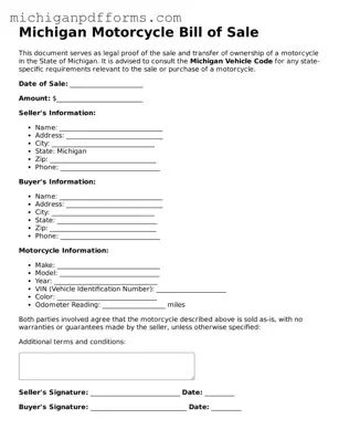 Blank Motorcycle Bill of Sale Form for Michigan State