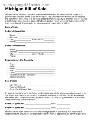 Blank Bill of Sale Form for Michigan State