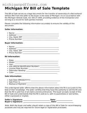 Blank RV Bill of Sale Form for Michigan State