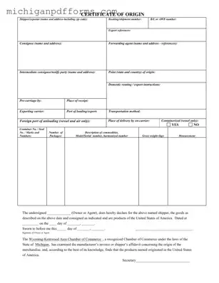 Free Michigan Certificate Of Origin Template in PDF