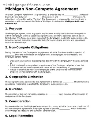 Blank Non-compete Agreement Form for Michigan State