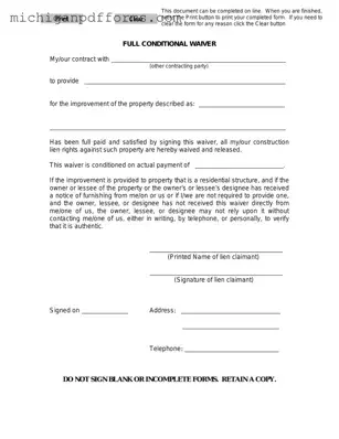 Free Michigan Full Conditional Waiver Template in PDF