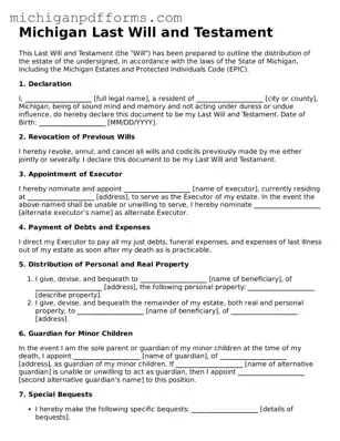 Blank Last Will and Testament Form for Michigan State