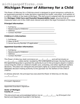 Blank Power of Attorney for a Child Form for Michigan State
