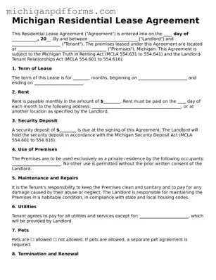 Blank Residential Lease Agreement Form for Michigan State