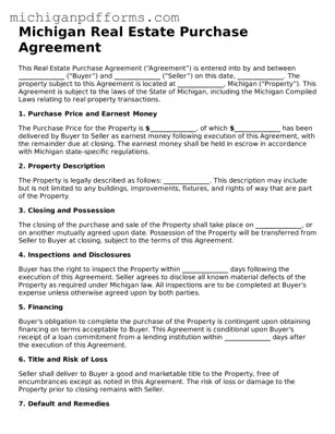 Blank Real Estate Purchase Agreement Form for Michigan State