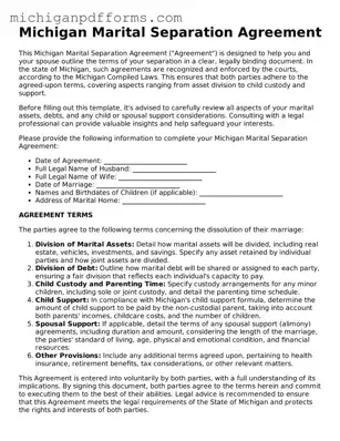 Blank Marital Separation Agreement Form for Michigan State