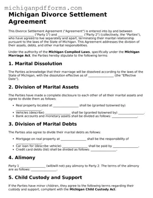 Blank Divorce Settlement Agreement Form for Michigan State
