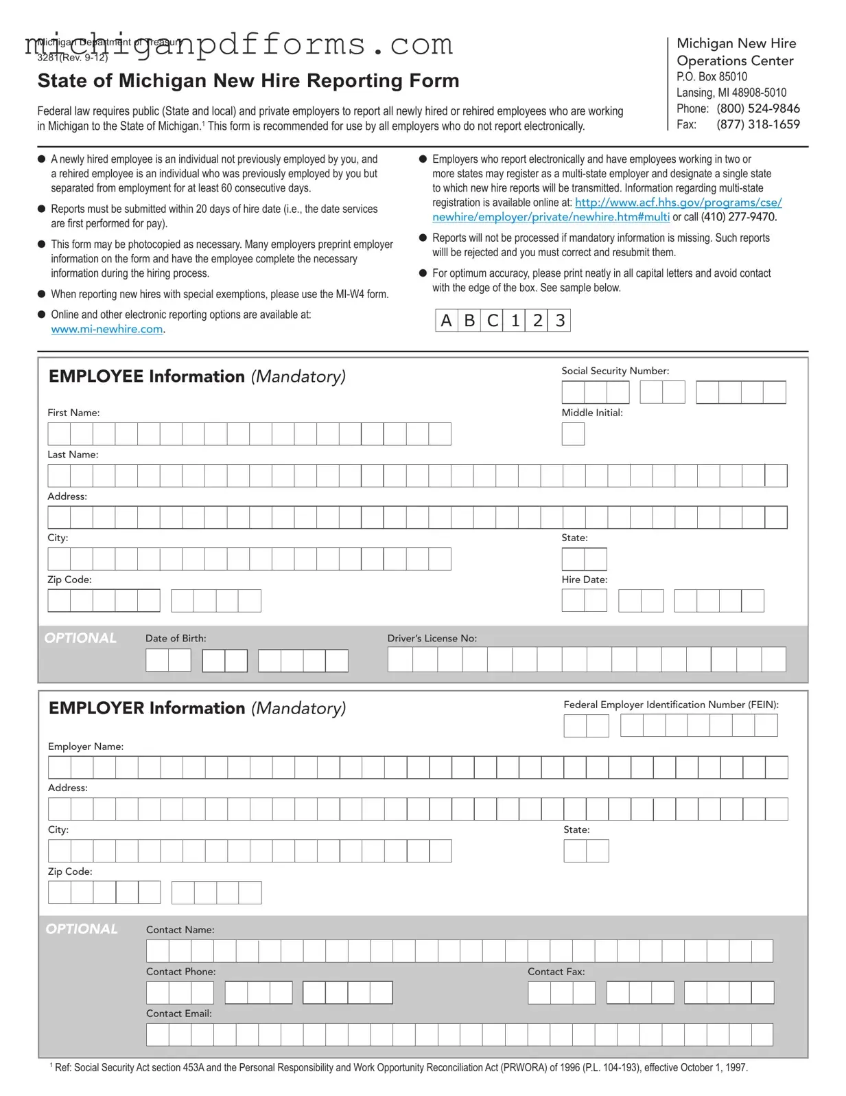 Free State Of Michigan New Hire Reporting Template in PDF