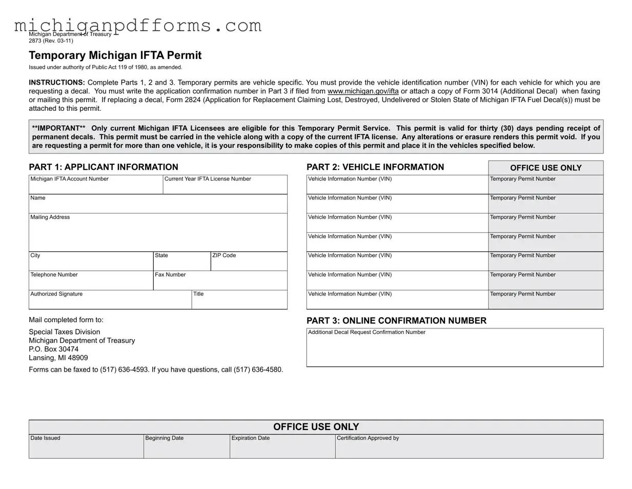 Free Temporary Michigan Ifta Permit Template in PDF
