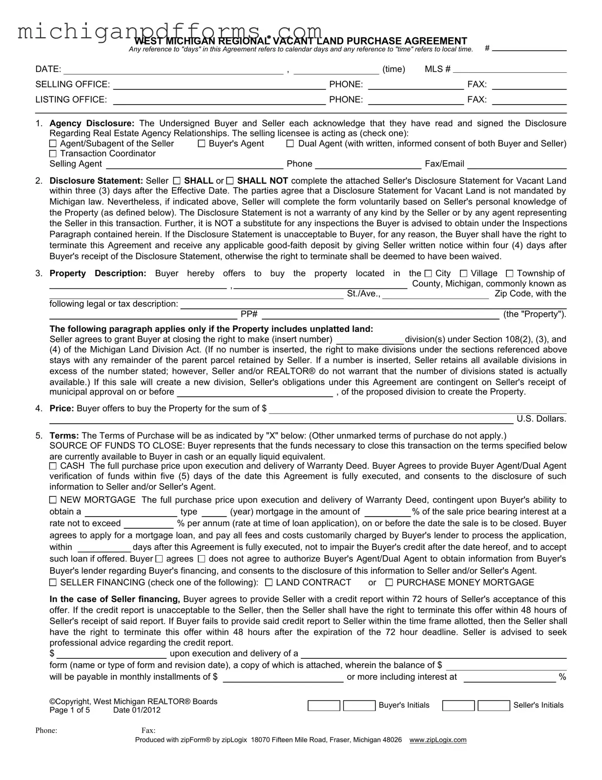 Free West Michigan Vacant Land Agreement Template in PDF